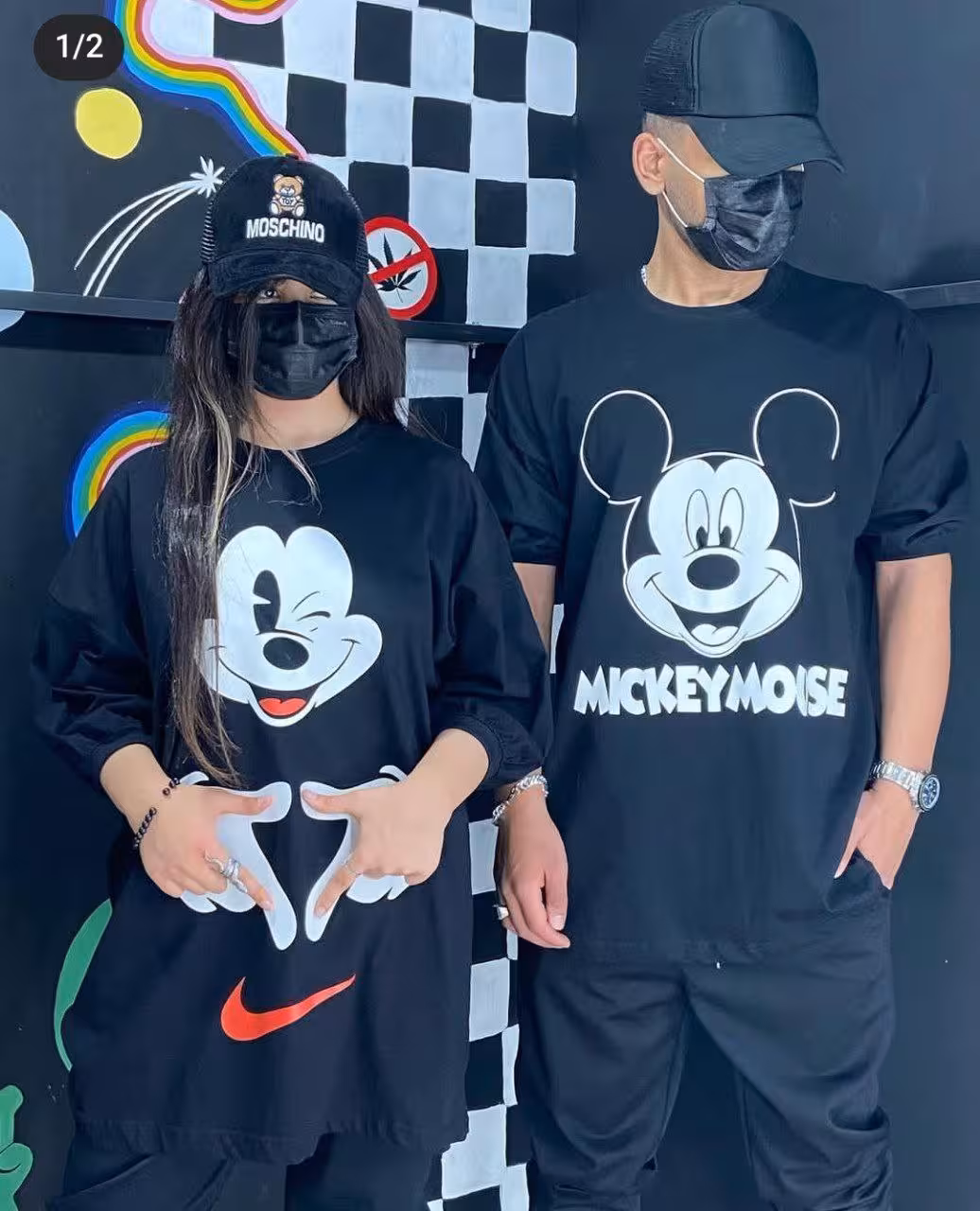 تیشرت لانگ ست زنانه و مردانه طرح میکی بسیار جذاب جنس اسپان فلامنت فول کش