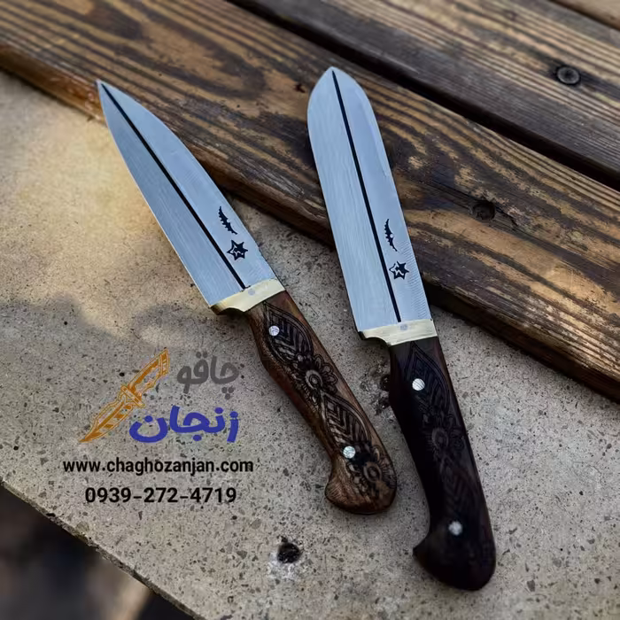 چاقو قصابی 2 تایی راسته و سلاخی با کیفیت تیغه فولاد فنر دسته گردو باربند برنجی