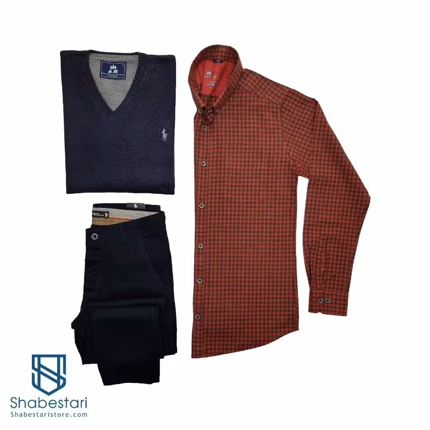 پیراهن پشمی چهارخانه ریز آجری کد 101391