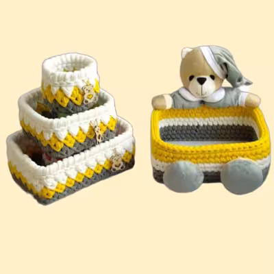 سبد قلاب بافی تریکو مدل سیسمونی خرسی کد 1212 مجموعه 4 عددی