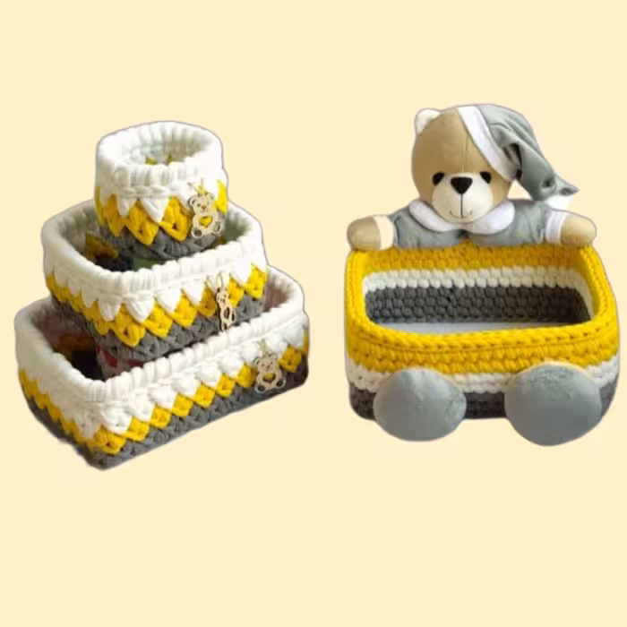 سبد قلاب بافی تریکو مدل سیسمونی خرسی کد 1212 مجموعه 4 عددی