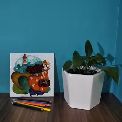  کاشی کارنیلا طرح نقاشی دختر و ساک دستی مدل لوحی کد WKB55