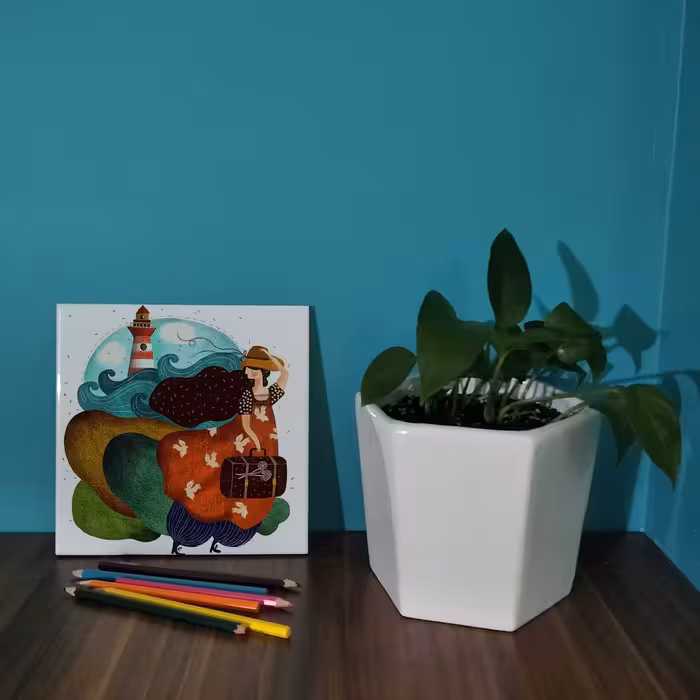  کاشی کارنیلا طرح نقاشی دختر و ساک دستی مدل لوحی کد WKB55