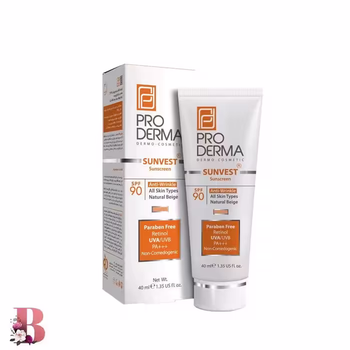 کرم ضد آفتاب بژ طبیعی پرودرما SPF 90 مدل Anti Wrinkle حجم 40 میلی لیتر |  PRODERMA SUNSCREEN SPF 90 ANTI WRINKLE ALL SKIN TYPES NATURAL BEIGE 40 ML