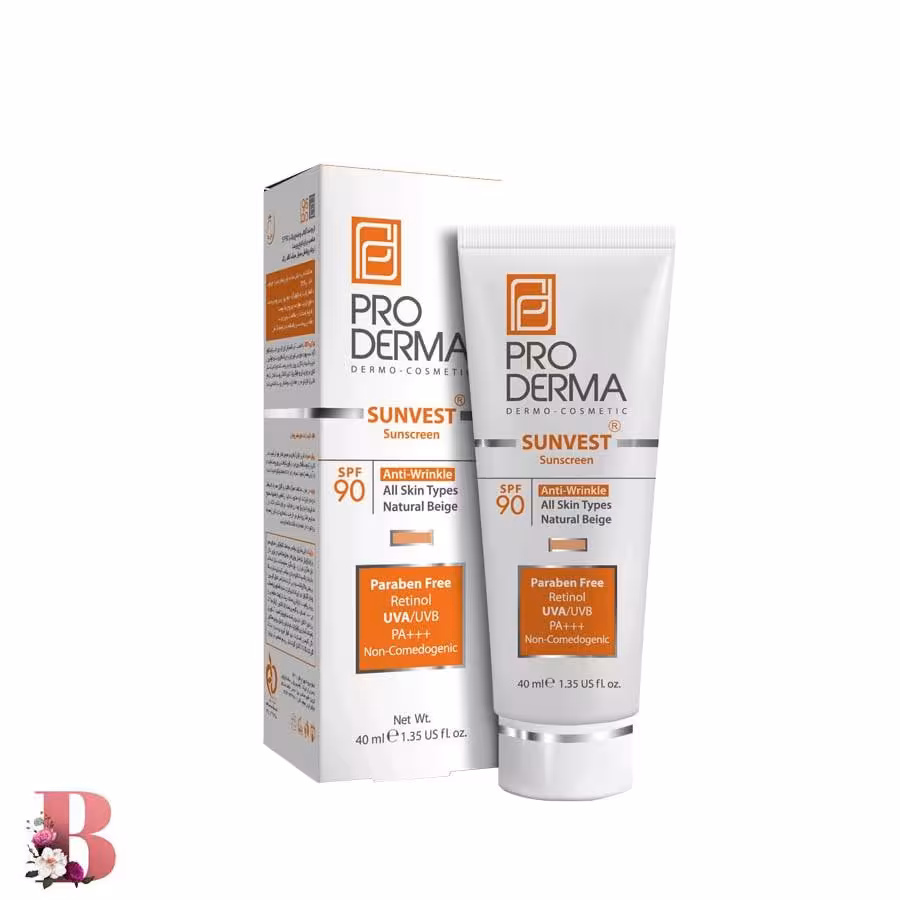 کرم ضد آفتاب بژ طبیعی پرودرما SPF 90 مدل Anti Wrinkle حجم 40 میلی لیتر |  PRODERMA SUNSCREEN SPF 90 ANTI WRINKLE ALL SKIN TYPES NATURAL BEIGE 40 ML