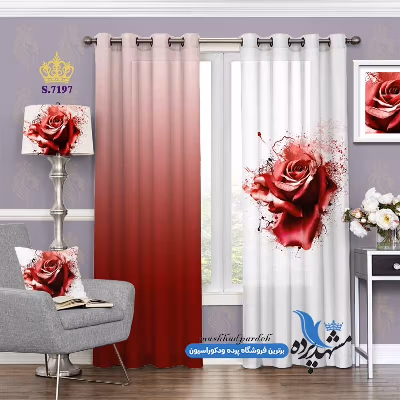 پرده پانچ گلدار طرح گل رُز زمینه سُرخ کد s-7197
