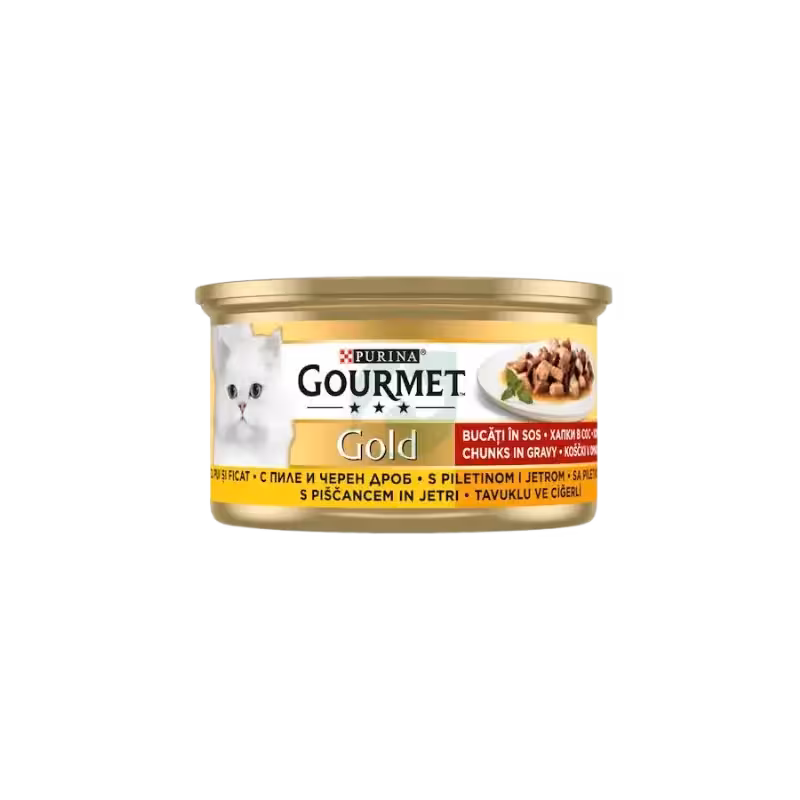 کنسرو گربه تکه ایی در سس با طعم مرغ و جگر برند Gourmet گورمت 85 گرمی