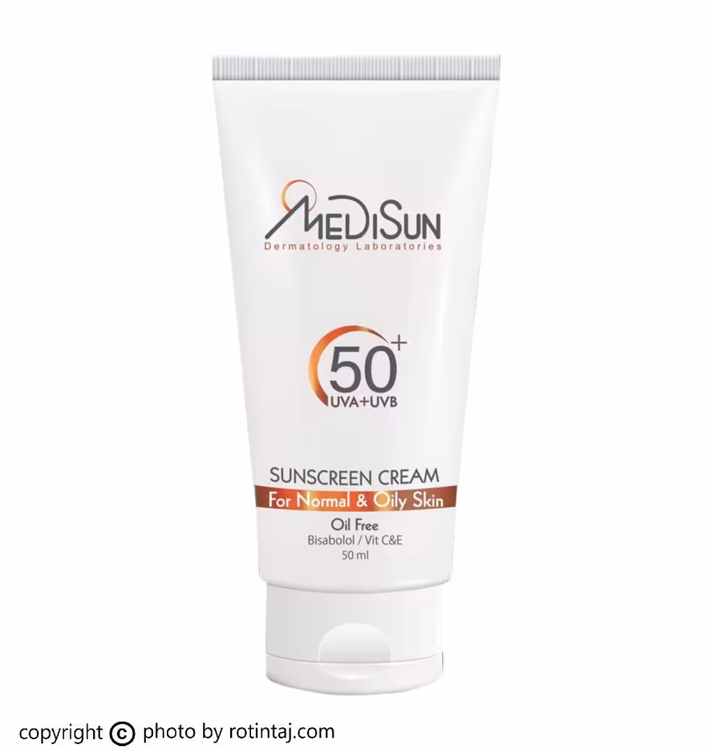 کرم ضد آفتاب فاقد چربی بی رنگ SPF50 مدیسان مناسب پوست چرب 50 میلی