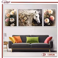 تابلو ست سه‌ تکه مدرن اسب و گل‌ها A120526