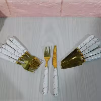 کارد و چنگال میوه خوری دسته سرامیک طلایی ماربل