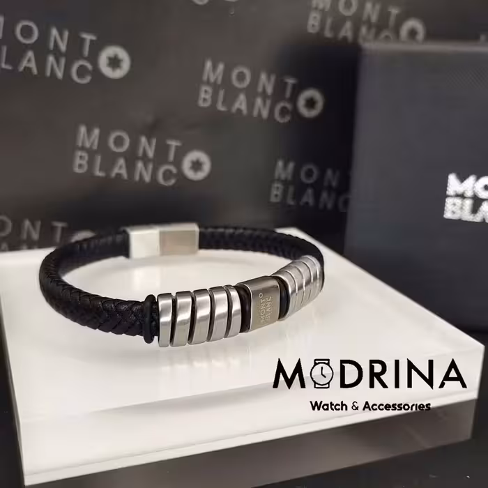 دستبند مون بلان مشکی نقره ای استیل