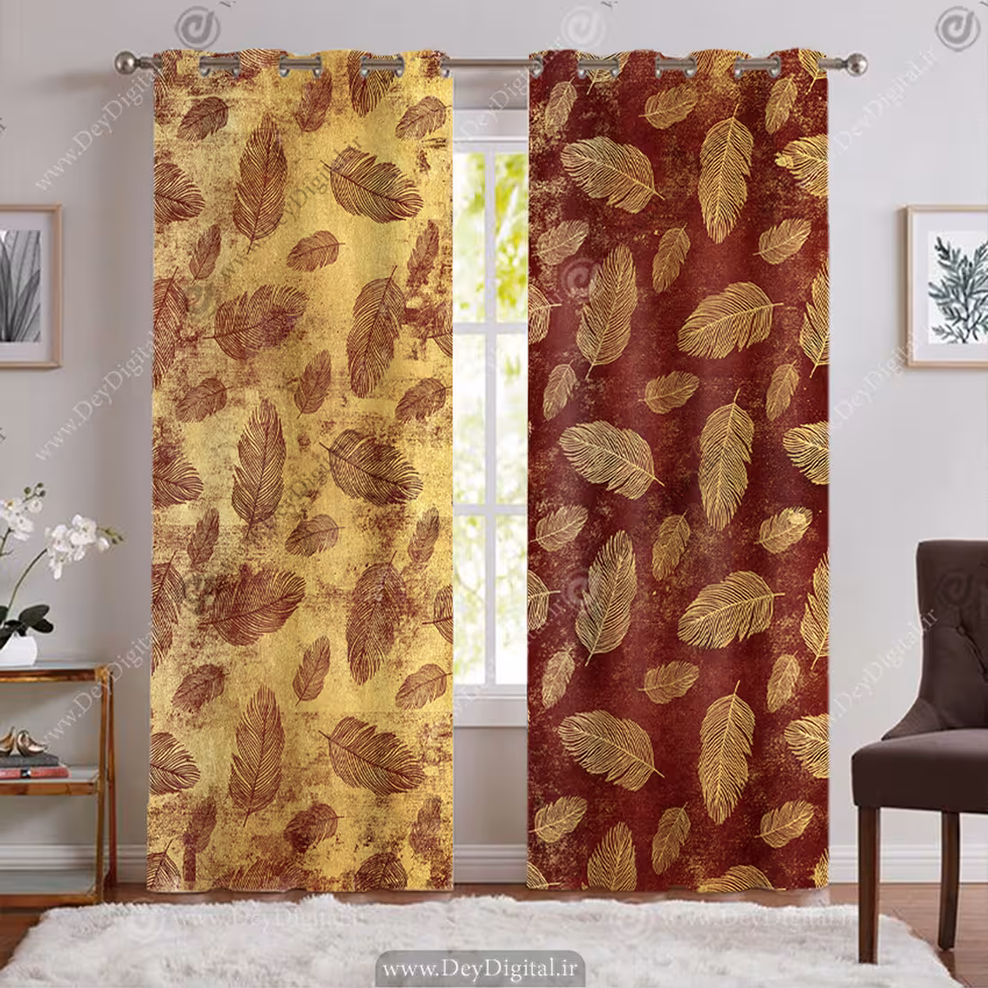 پرده پانچی طرح پتینه ای پر با تم طلایی و قرمز PK-7637