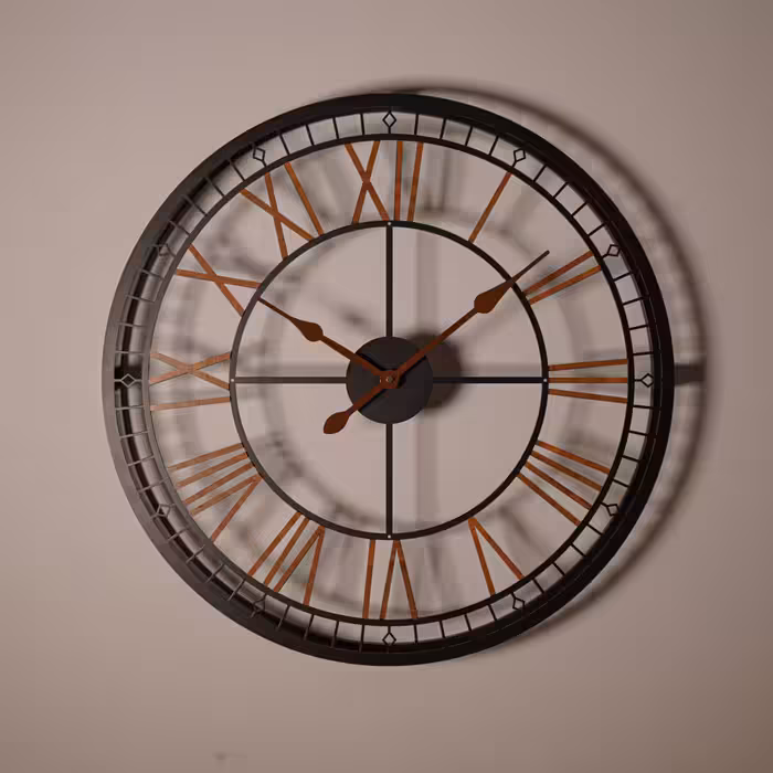 ساعت دیواری مدل یونانی — ترکیب فلز و چوب   اعداد و عقربه‌های چوبی   موتور بی‌صدا