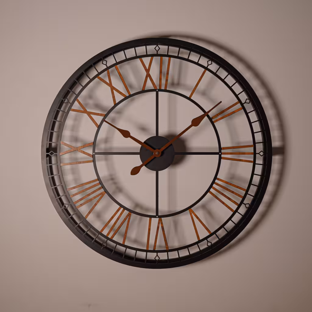 ساعت دیواری مدل یونانی — ترکیب فلز و چوب   اعداد و عقربه‌های چوبی   موتور بی‌صدا