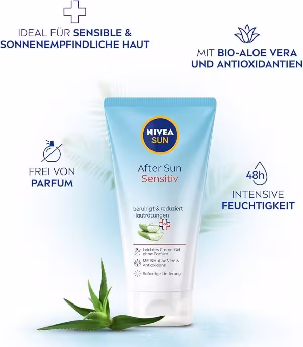 کرم افتر سان نیوآ  مدل sensitive  حاوی عصاره آلوئه ورا  تسکین دهنده و آبرسان قوی پوست حجم 175 میل  ساخت آلمان