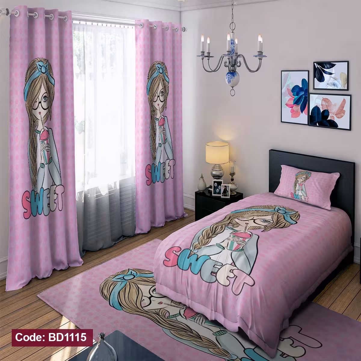 پرده پانچی مخمل چاپی دخترانه کد 1115