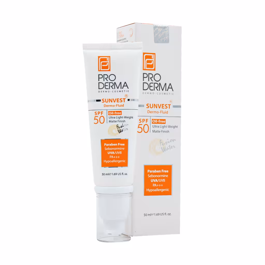 فلوئید ضد آفتاب فاقد چربی SPF50 پرودرما مناسب پوست ‌های چرب و جوش دار حجم 50 میلی لیتر