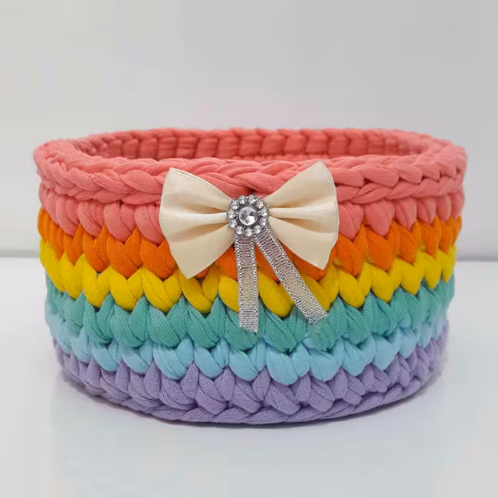 سبد قلاب بافی تریکو مدل رنگین کمان کد 02 مجموعه 2 عددی