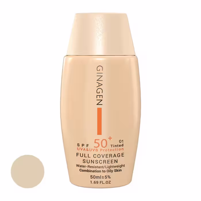 کرم ضد آفتاب پوست مختلط و چرب ژیناژن SPF50 رنگی 01 حجم 50 میلی لیتر | Ginagen Sunscreen Cream for Combination to oily Skin SPF50