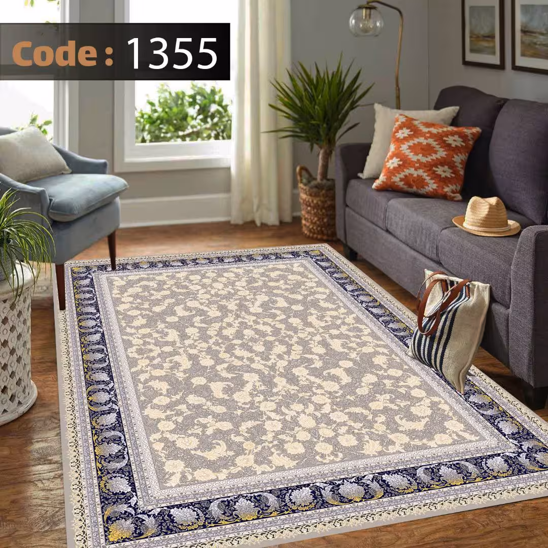 کاورفرش روفرشی دورکشدار گوشه لیفه ای طوسی کرم کد 1355
