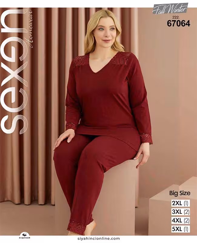 ست راحتی سایزبزرگ زنانه زرشکی توردوزی کد 67064