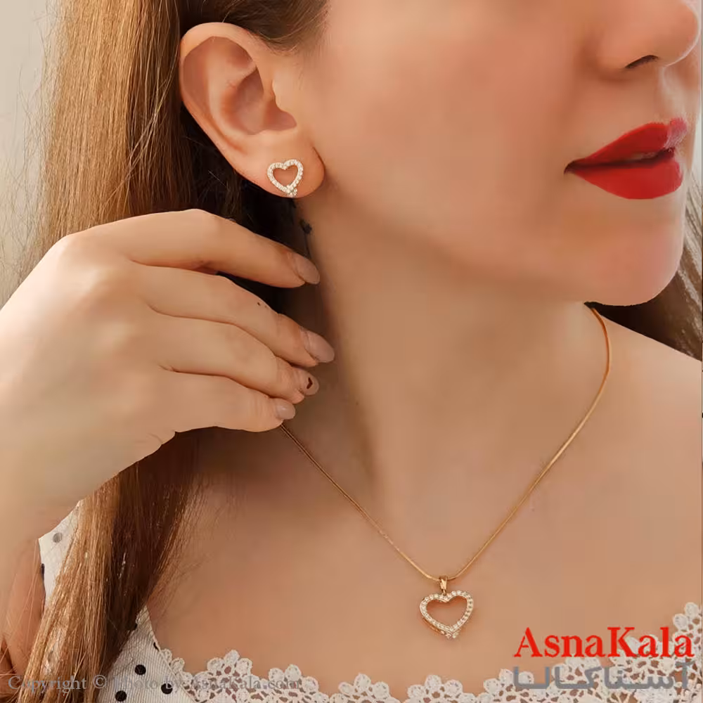 نیم ست زنانه ژوپینگ مدل قلب تک نگینی شامل گوشواره و گردنبند طرح طلا کد NIM14490W