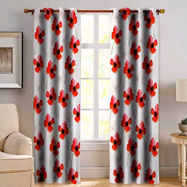 پرده چاپی گلدار قرمز کد A059