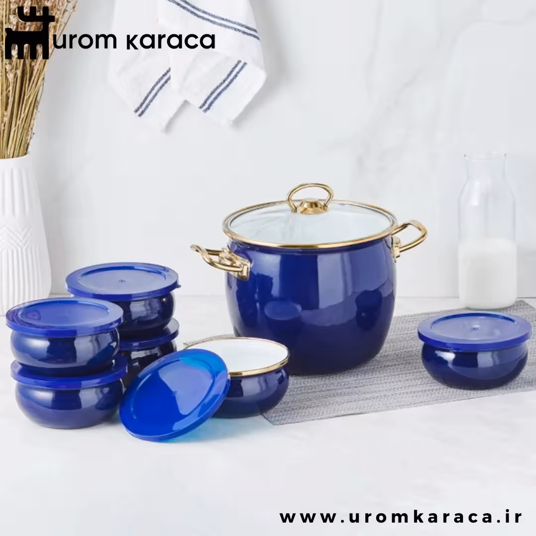 سرویس قابلمه ماست ساز 8 پارچه لعابی کاراجا سرمه ای retro