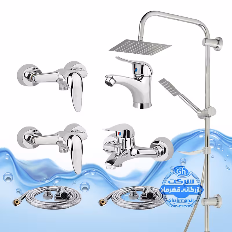 ست 7 عددی شیرآلات برند آیدا صنعت مدل قهرمان اردکی | شیر ظرفشویی   روشویی   حمام   توالت   علم دوش یونیورست صفحه استیل   2 عدد شلنگ توالت | کروم براق