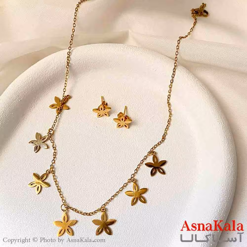 نیم ست زنانه شامل گردنبند و گوشواره استیل مدل ستاره مدرن رنگ طلایی کد NIM14937W