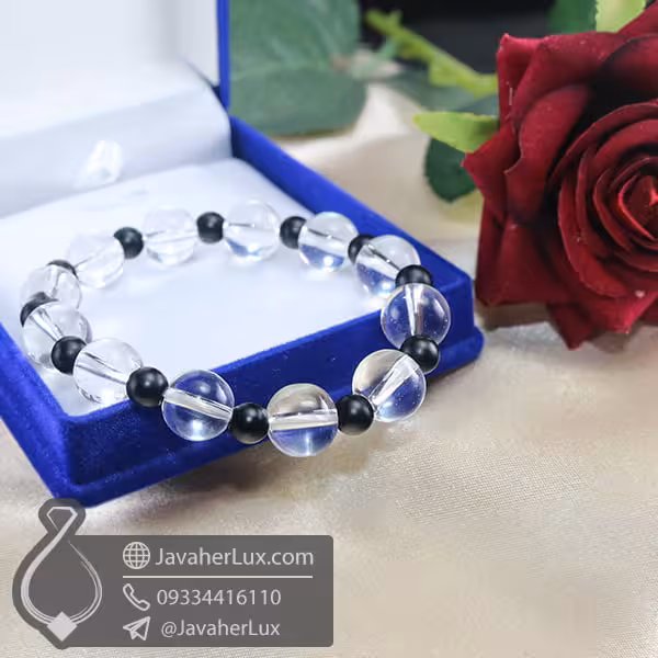 دستبند کریستال کوارتز و عقیق سیاه مات _ کد : 400702