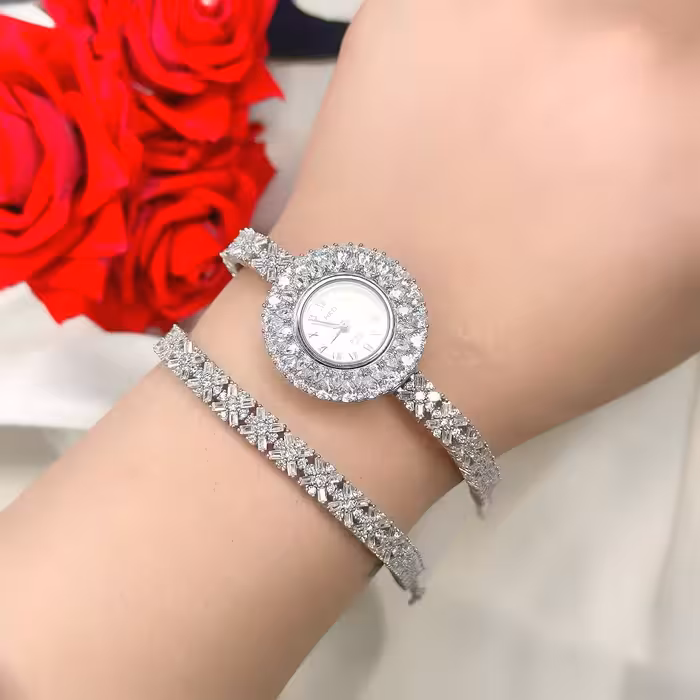 ست ساعت و دستبند نقره جواهری زنانه کد 80129