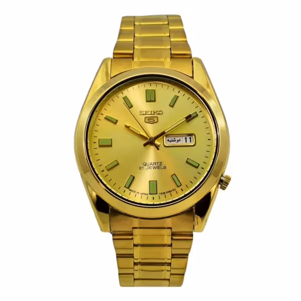 ساعت سیکو 5 رنگ طلایی 2 تقویم روز شمار و ایام هفته لاتین و فارسی SEIKO 7S36-30X1