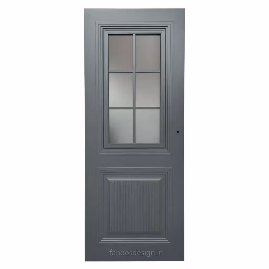 درب لوکس طوسی با پنجره شش‌قسمتی و پانل شیاردار کد 30583