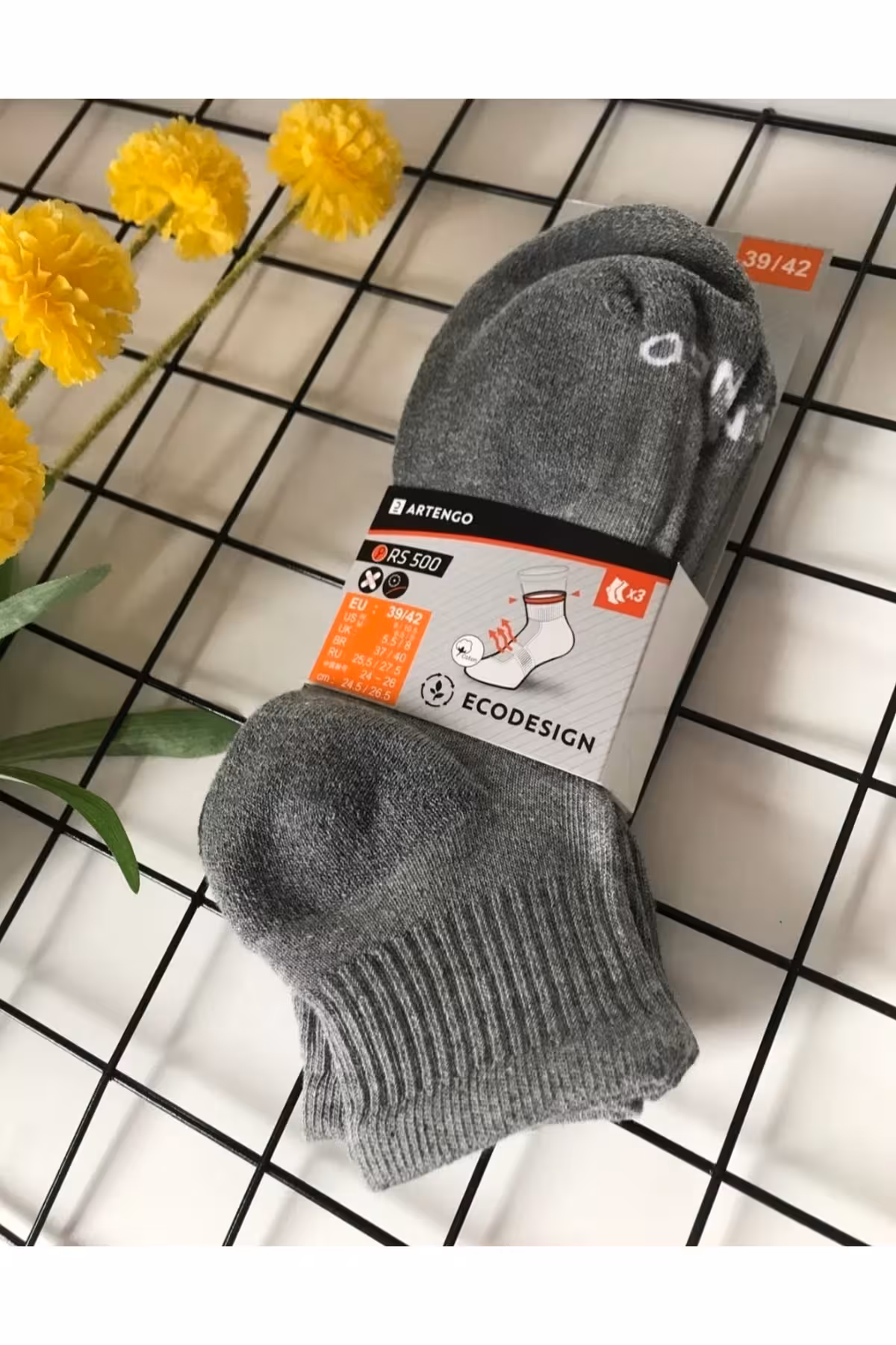 مردانه و زنانه جوراب تنیس کنسرت متوسط ​​ 3 بسته خاکستری DECATHLON RS 500 Decathlon