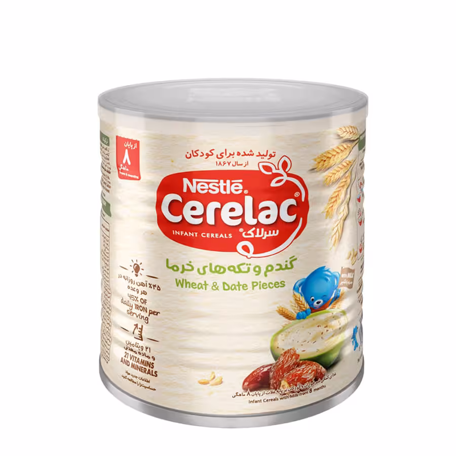 سرلاک گندم و تکه های خرما به همراه شیر نستله مناسب کودکان از پایان 8 ماهگی 400 گرم