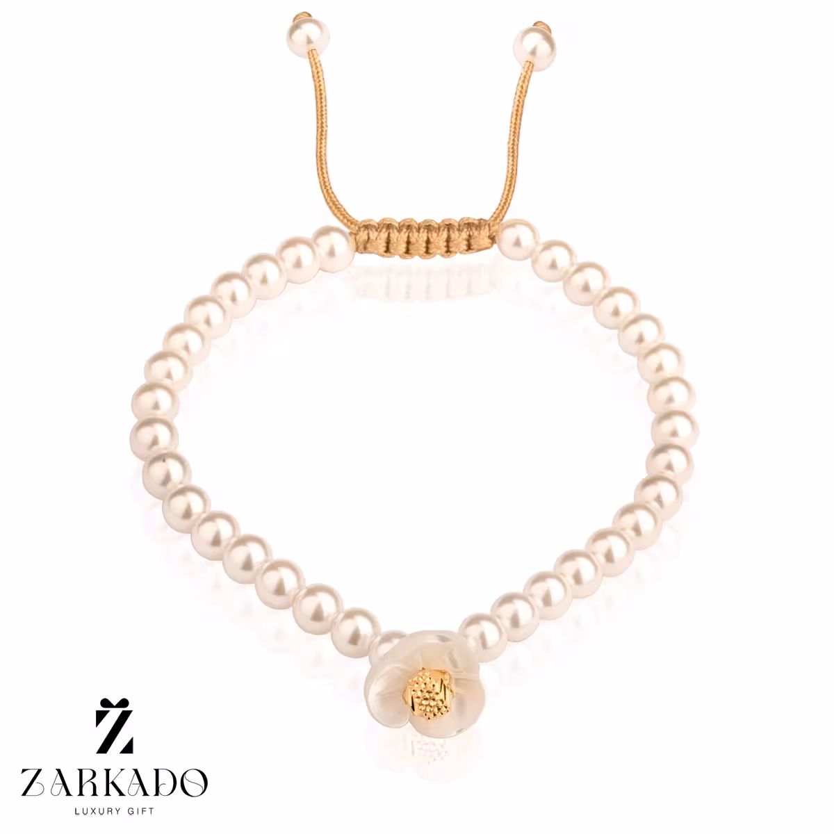 دستبند مرواریدی گل دار و گوی طلا