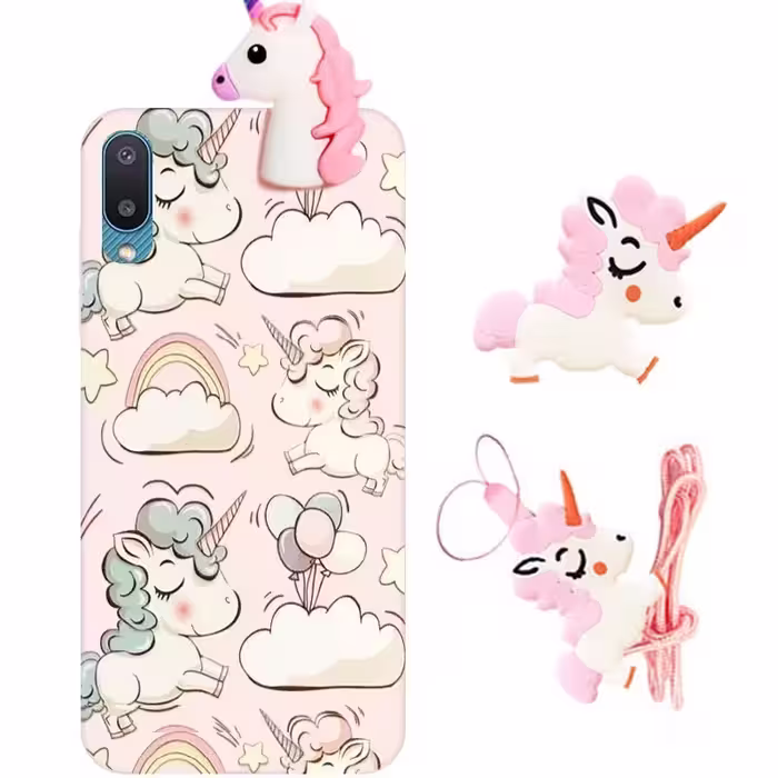 قاب فانتزی عروسکی اسب تک شاخ مناسب برای Samsung Galaxy A02 مدل بند آویز و پاپ سوکت دار دخترانه Unicorn Girly Cartoon Case
