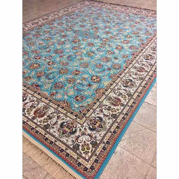 فرش 1200 شانه طرح افشان زمینه آبی عقیق کاشان