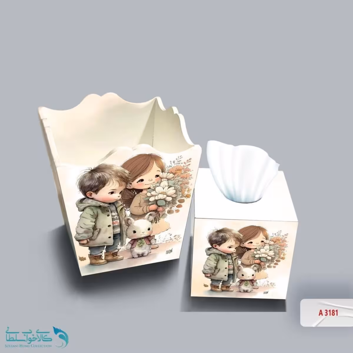 ست سطل و جا دستمال چوبی کودک طرح دختر گل فروش کد A3181