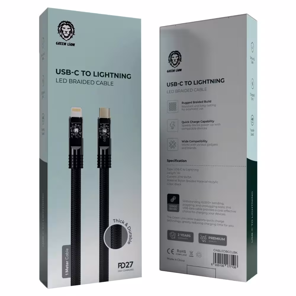 کابل شارژ تایپ سی به لایتنینگ گرین لاین مدل LED Braided طول 1 متر توان 27 وات