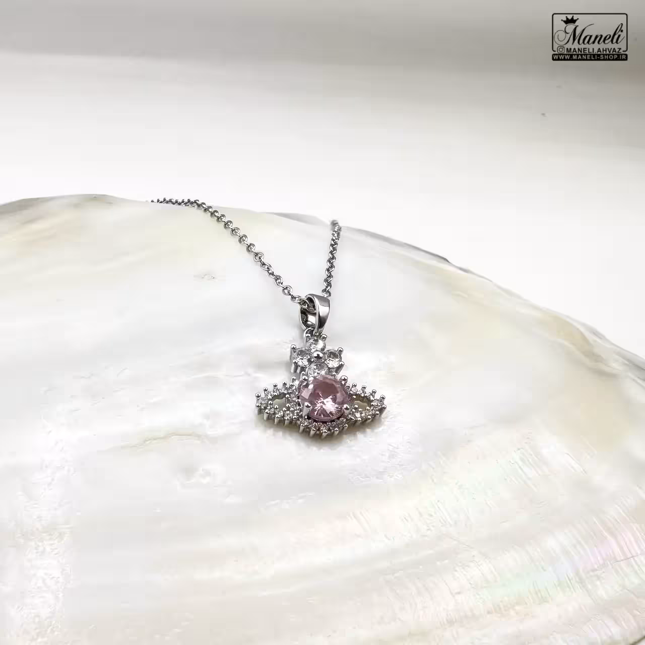گردنبند نگین صورتی نقره ای دخترانه | استیل | رنگ ثابت 14030826