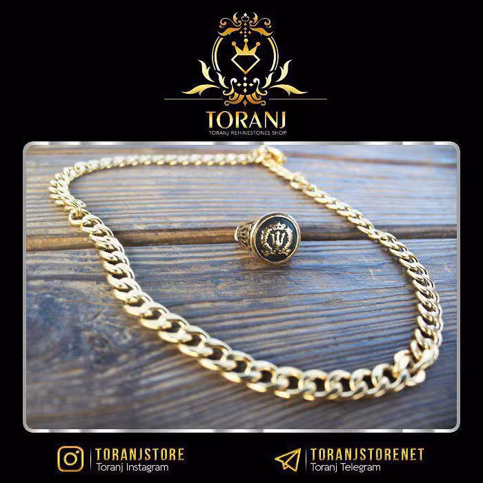 خرید ست گردنبند و انگشتر استیل طلایی طرح آرم پادشاهی