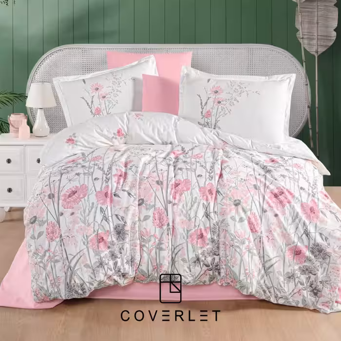 روتختی سفید و صورتی طرح گل مدل Angola–دونفره کاوری