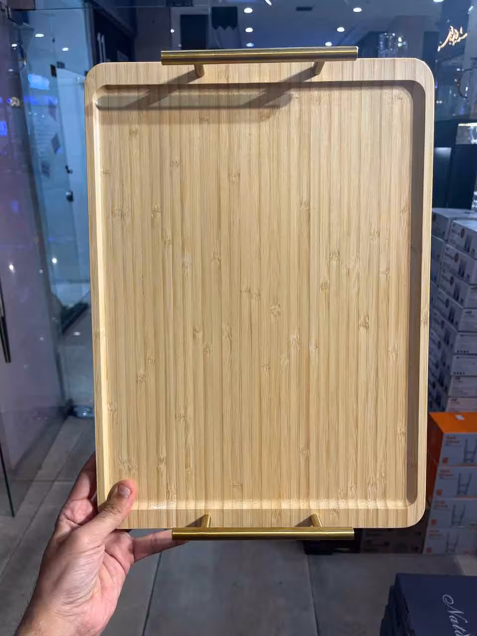 سینی بامبو مستطیل دسته فلزی بزرگ