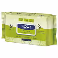 دستمال مرطوب آنتی‌باکتریال پاک‌کننده و ضدعفونی‌کننده دست حاوی روغن زیتون 72 برگی پاکتی یونی‌لد Uni Led