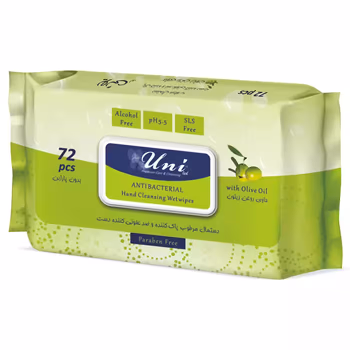 دستمال مرطوب آنتی‌باکتریال پاک‌کننده و ضدعفونی‌کننده دست حاوی روغن زیتون 72 برگی پاکتی یونی‌لد Uni Led