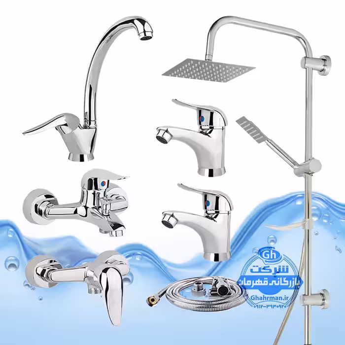 ست 7 عددی شیرآلات برند آیدا صنعت مدل قهرمان | شیر ظرفشویی   2 عدد روشویی   حمام   توالت   علم دوش یونیورست صفحه استیل   شلنگ توالت | کروم براق