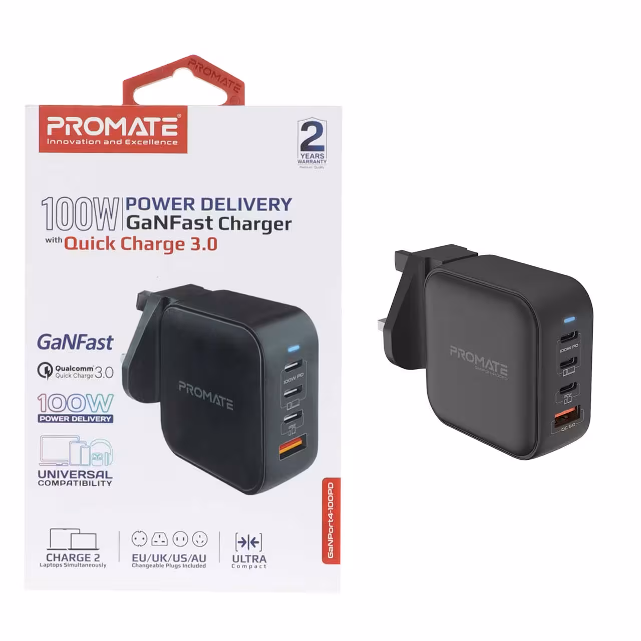 شارژر دیواری فست و PD چهار پورت Promate مدل GaNPort4-100PD.Multi Plug 100W - مشکی