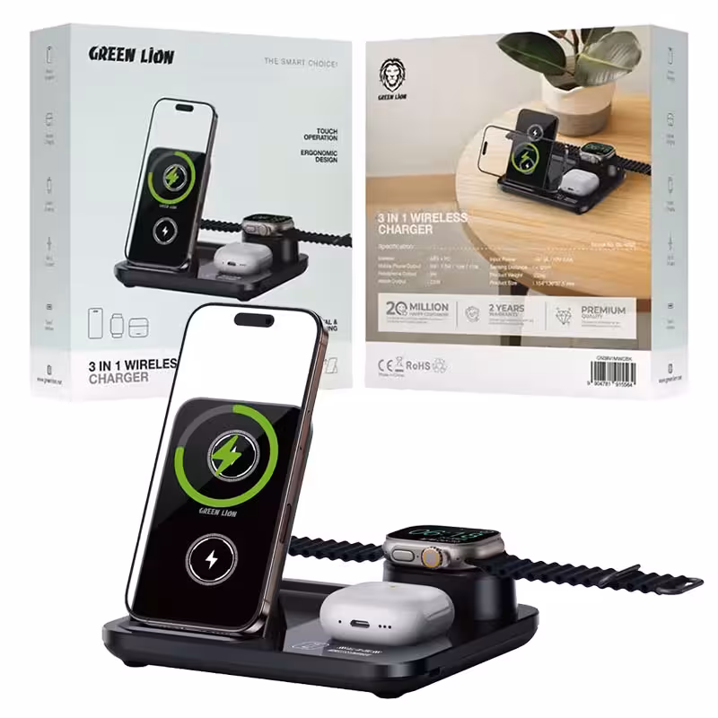 استند شارژ وایرلس مگ سیف گرین لاین مدل Green lion 3in1 wireless charger Gl-ws2